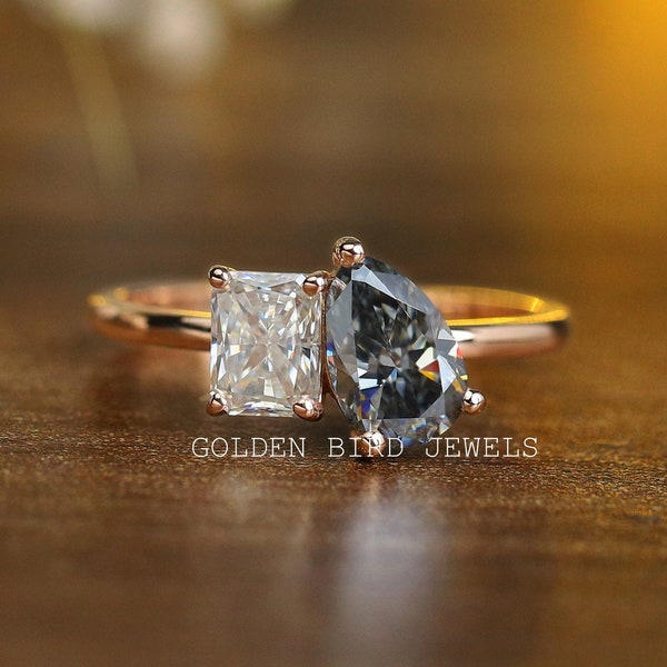 Pear And Radiant Cut Moissanite 14K Rose Gold Ring / Two Stone Moissanite Engagement Ring / Toi Et Moi Moissanite Ring For Anniversary Gift