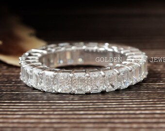 Emerald Cut Colorless Moissanite Full Eternity Band | 4X3 MM Moissanite Wedding Eternity Band | White Gold Anniversary Gift Band For Women
