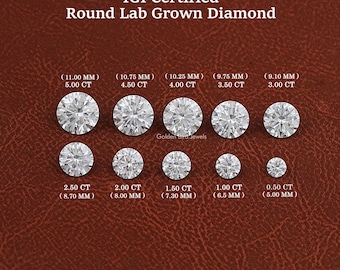 May include: IGI Certified Round Lab Grown Diamonds in various sizes and carat weights. The diamonds are displayed in a size progression from largest to smallest, with the carat weight and millimetre size listed below each diamond.