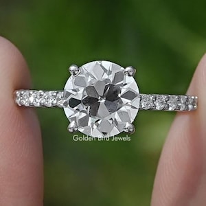 Old European Round Lab Diamond Bridal Ring/ Prong Set CVD Diamond Wedding Ring/ Accent Set Diamond Engagement Ring/ Old Cut Proposal Ring