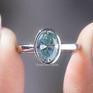 Oval Moissanite Wedding Ring/ Solitaire Moissanite Anniversary Ring/ Blue Moissanite Proposal Ring/ Bezel Set Engagement Ring For Women