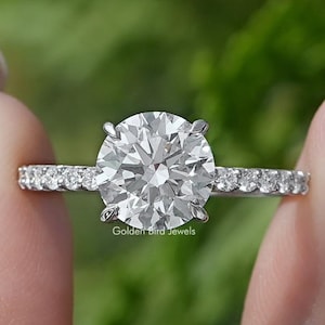 Round Cut Lab Diamond Wedding Ring/ EF-VS Lab Grown Diamond Proposal Ring/ Accent Set Diamond Engagement Ring/ Conflict Free Diamond Ring