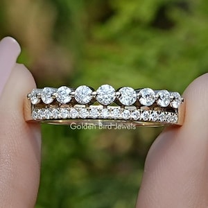 Runde Moissanite zweireihige halbe Eternity Band / 14K Gelbgold Moissanite Ehering / passendes Eternity Band für Braut Set / Geschenk für sie