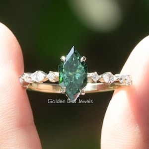 Dutch Marquise Moissanite Engagement Ring/ Green Moissanite Wedding Ring/ Hidden Halo Moissanite Bridal Ring/ 14K Solid Gold Moissanite Ring