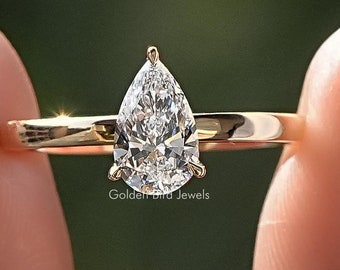 Pear Cut Lab Diamond Solitaire Ring/ 14K Yellow Gold Moissanite Engagement Ring/ CVD Diamond Wedding Ring/ Colorless Moissanite Ring For Her
