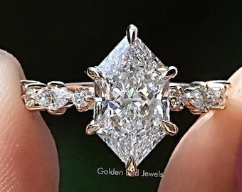 Hidden Halo Lab Grown Diamond Ring/ Dutch Marquise Cut Lab Diamond Wedding Ring/ Accent Set Eco Friendly Diamond Ring/ Man Made Diamond Ring