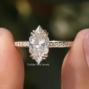 Dutch Marquise Moissanite Ring/ Colorless Moissanite Engagement Ring/ Accent Set Moissanite Proposal Ring/ 14K Solid Gold Anniversary Ring