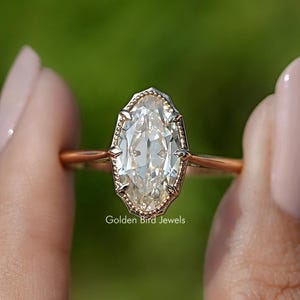 Old Mine Moval Cut Moissanite Engagement Ring/ Solitaire Moissanite Wedding Ring/ Off White Moissanite Proposal Ring/ 14K Yellow Gold Ring