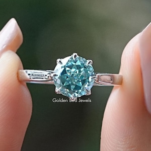 Solitaire Moissanite Engagement Ring/ Portuguese Round Moissanite Ring/ Blue Moissanite Wedding Ring/ 14K Gold Moissanite Proposal Ring