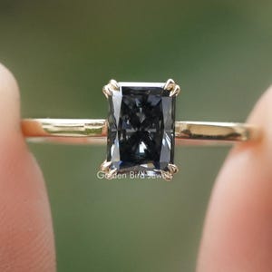 Radiant Moissanite Wedding Ring/ Dark Gray Moissanite Proposal Ring/ Solitaire Moissanite Bridal Ring/ Double Claw Prong Set Moissanite Ring