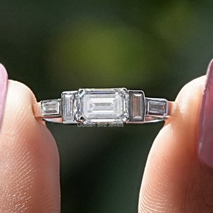 Emerald Moissanite Five Stone Ring/ Colorless Moissanite Wedding Ring/ Bezel Set Anniversary Ring / Cluster Set Proposal Ring For Her
