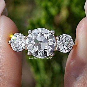 Old European Round Cut Lab Diamond Wedding Ring/ Three Stone Diamond Engagement Ring/ EF-VS Lab Diamond Ring/ 14K Gold Diamond Bridal Ring