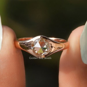 Rose Cut Round Moissanite Ring/ Off White Moissanite Wedding Ring/ Solitaire Moissanite Engagement Ring/ Bezel Set Moissanite Ring For Men