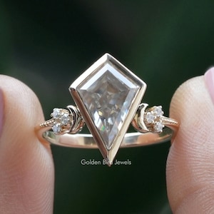 Kite Cut Moissanite Bridal Ring/ Colorless Moissanite Wedding Ring/ Bezel Set Moissanite Proposal Ring/ Milgrain Work Engagement Ring