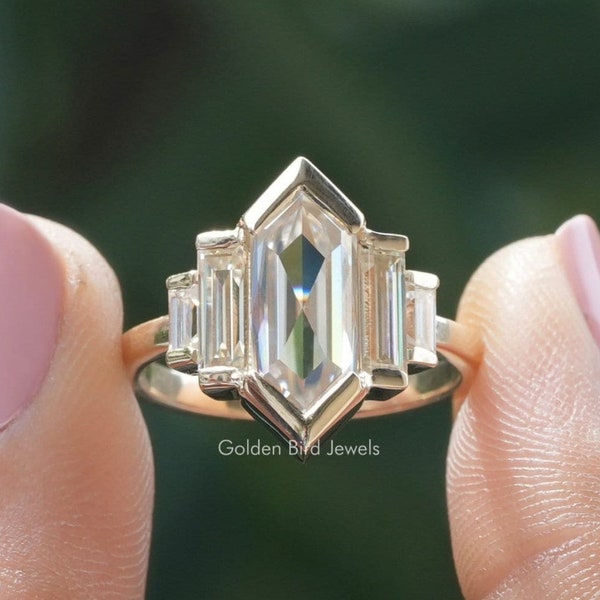 Elongated Hexagon Moissanite Ring/ Five Stone Moissanite Wedding Ring/ Half Bezel Set engagement Ring/ Colorless Moissanite Bridal Ring