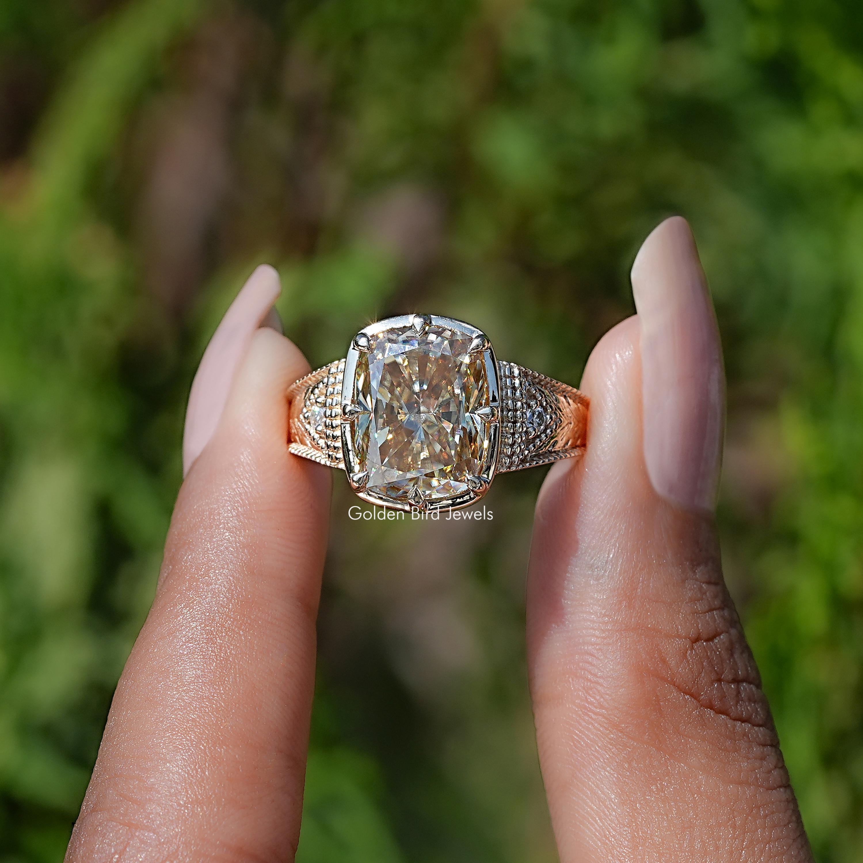 Elongated Cushion Moissanite Ring/ Yellow Moissanite Bridal Ring/ Claw Prong Set Moissanite Wedding Ring/ 10K Yellow Gold Moissanite Ring