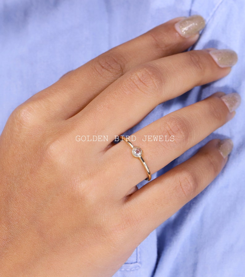 Rose Cut Solitaire Ring Colorless Round Moissanite Dainty Ring Bezel Set Engagement Ring For Her 14K Gold Pretty Ring For Your Girlfriend