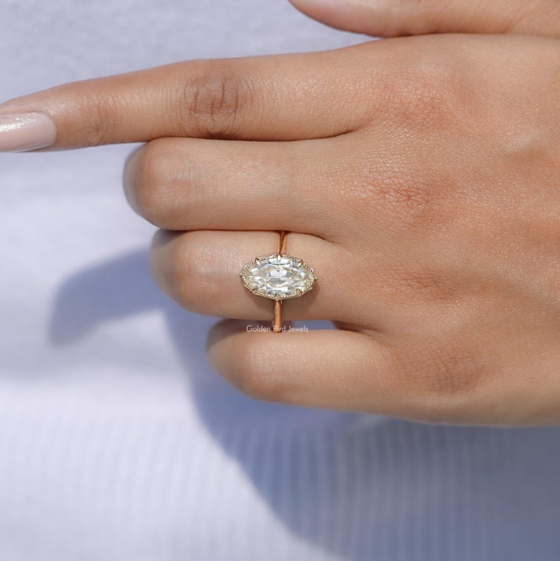 Old Mine Moval Cut Moissanite Engagement Ring/ Solitaire Moissanite Wedding Ring/ Off White Moissanite Proposal Ring/ 14K Yellow Gold Ring
