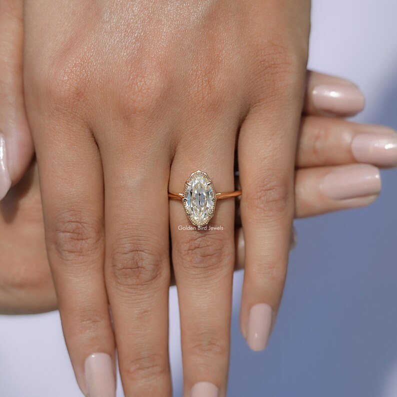 Old Mine Moval Cut Moissanite Engagement Ring/ Solitaire Moissanite Wedding Ring/ Off White Moissanite Proposal Ring/ 14K Yellow Gold Ring