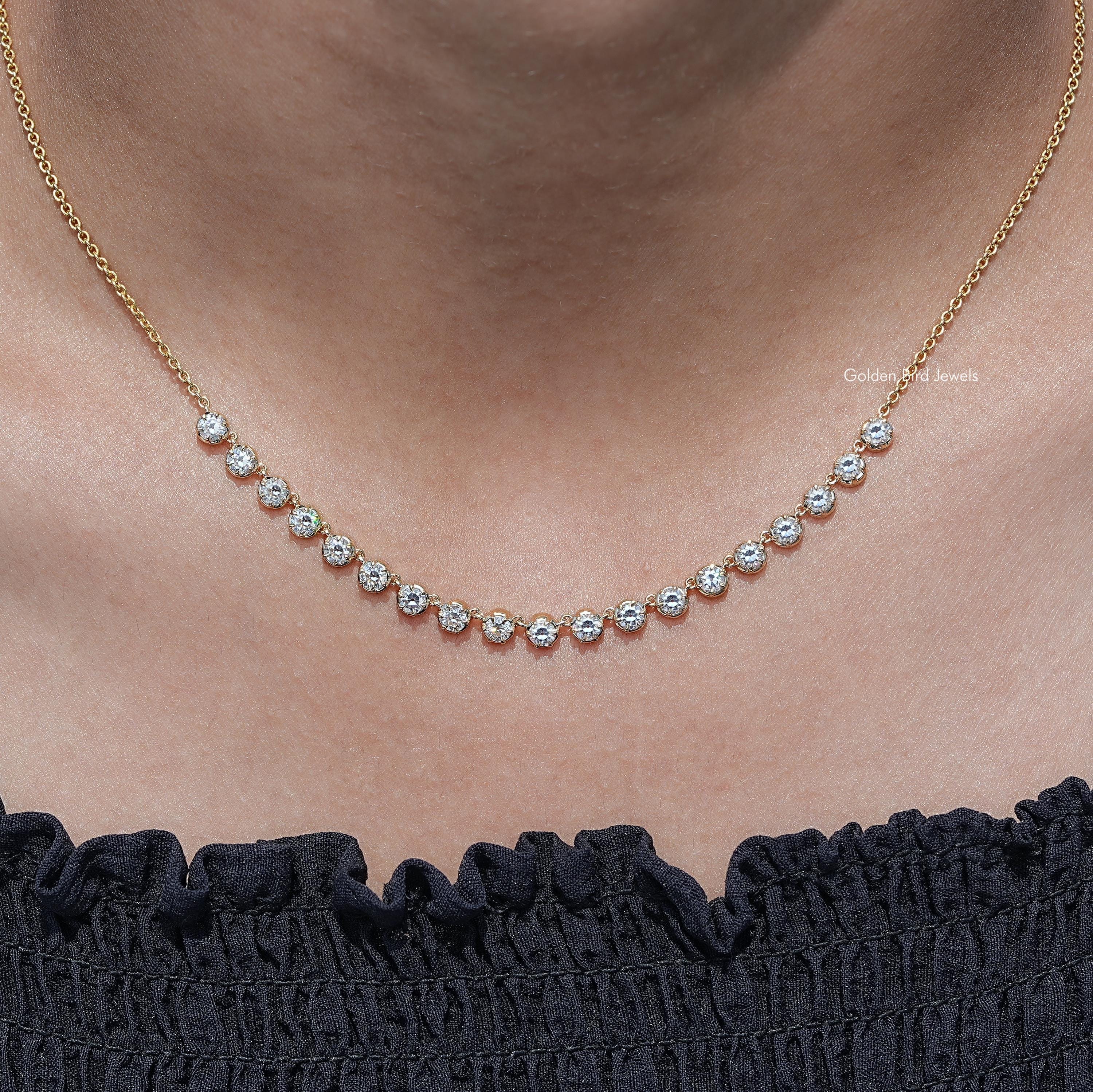 Old European Round Moissanite Necklace/ Colorless Moissanite Wedding Necklace/ Minimalist Bridal Necklace/ 14K Solid Gold Chain Necklace