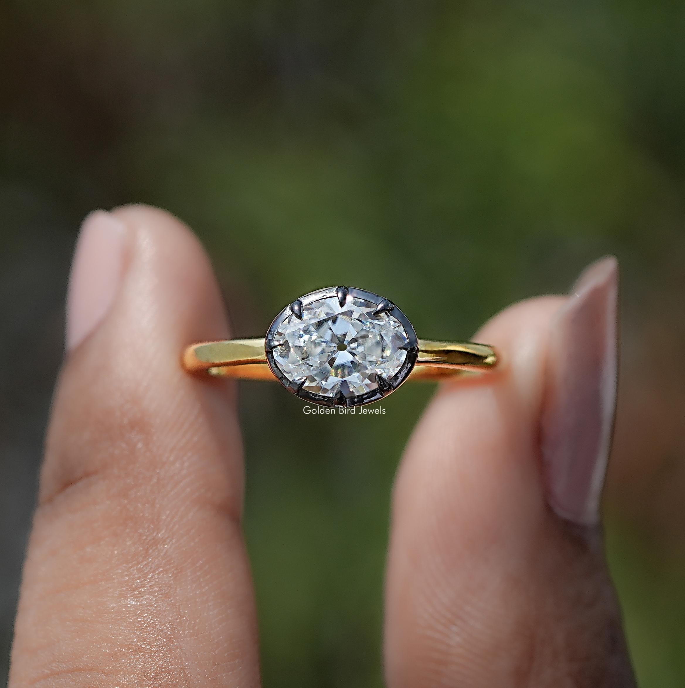 East West Set Old Mine Oval Moissanite Ring/ Georgian Cut Down Button ...