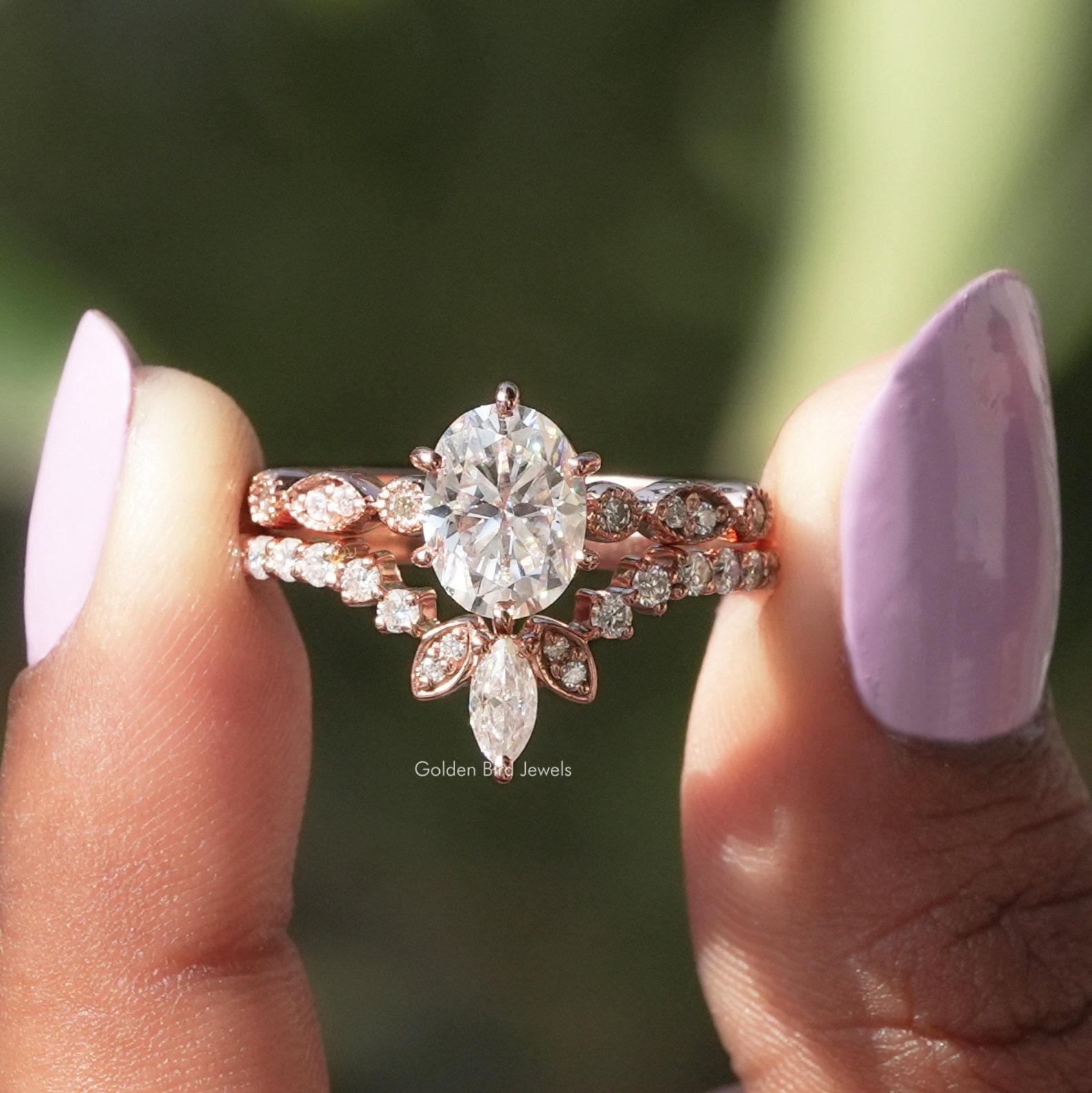 Oval Moissanite Bridal Ring Set/ Colorless Moissanite Wedding Ring/ Chevron Moissanite Proposal Band/ Accent Moissanite Engagement Ring