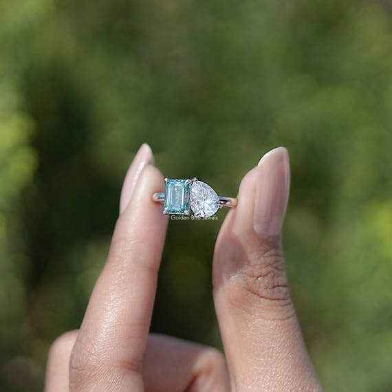 Emerald Pear Moissanite Two Stone Ring/ Aqua Blue and Colorless