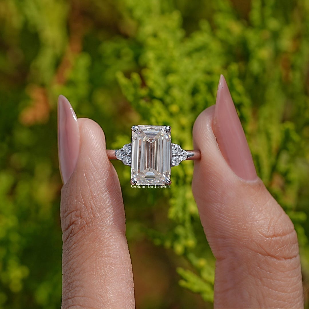 Old Mine Emerald Moissanite Engagement Ring/ Colorless Moissanite ...