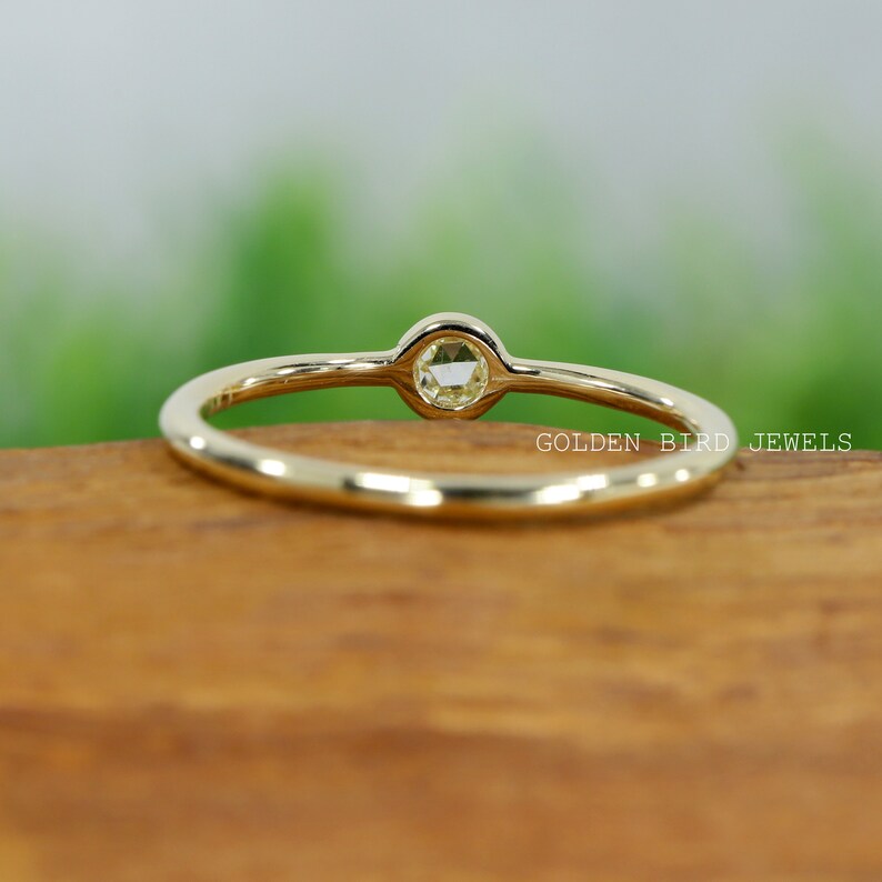 Rose Cut Solitaire Ring Colorless Round Moissanite Dainty Ring Bezel Set Engagement Ring For Her 14K Gold Pretty Ring For Your Girlfriend