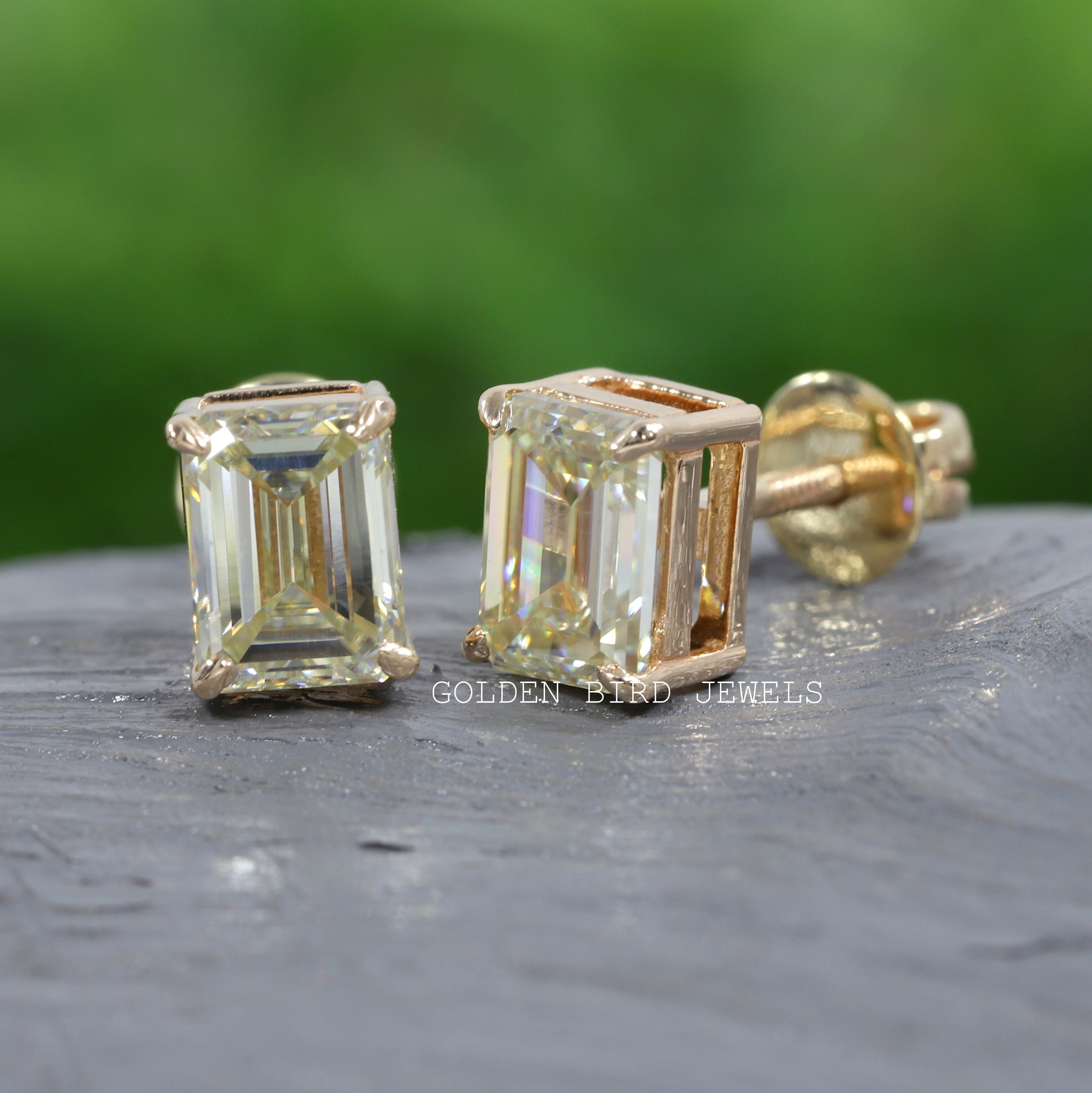 Moissanite Stud Earrings / Emerald Cut Gold Earrings / | Etsy