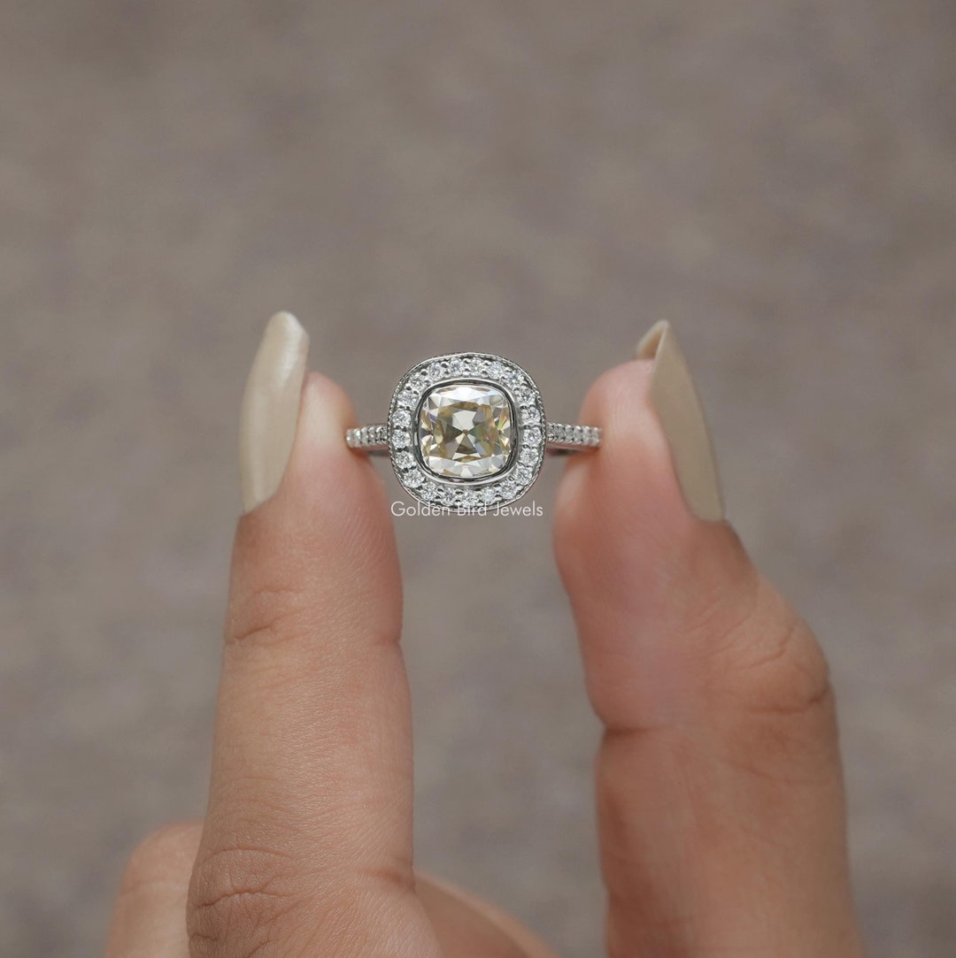 Halo Moissanite Bridal Ring/ Old Mine Cushion Moissanite Proposal