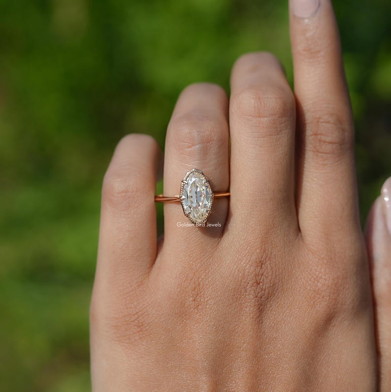 Old Mine Moval Cut Moissanite Engagement Ring/ Solitaire Moissanite Wedding Ring/ Off White Moissanite Proposal Ring/ 14K Yellow Gold Ring