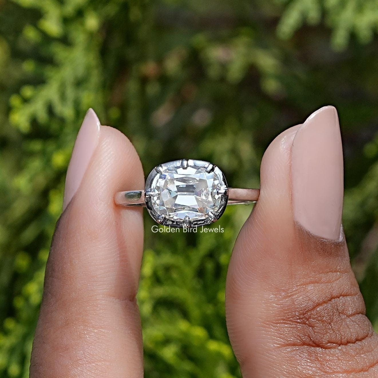 Solitaire Moissanite Birdesmaid Ring/ Elongated Old Mine Cushion Moissanite Ring/ Button Back Set Moissanite Ring/ East-West Moissanite Ring