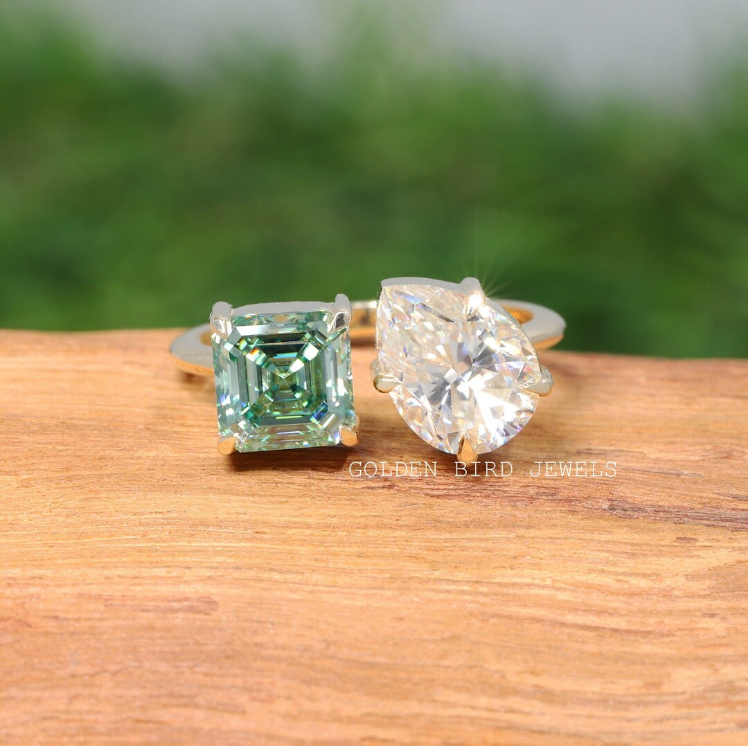 Green Asscher & Colorless Pear Cut Moissanite Ring / Yellow - Etsy