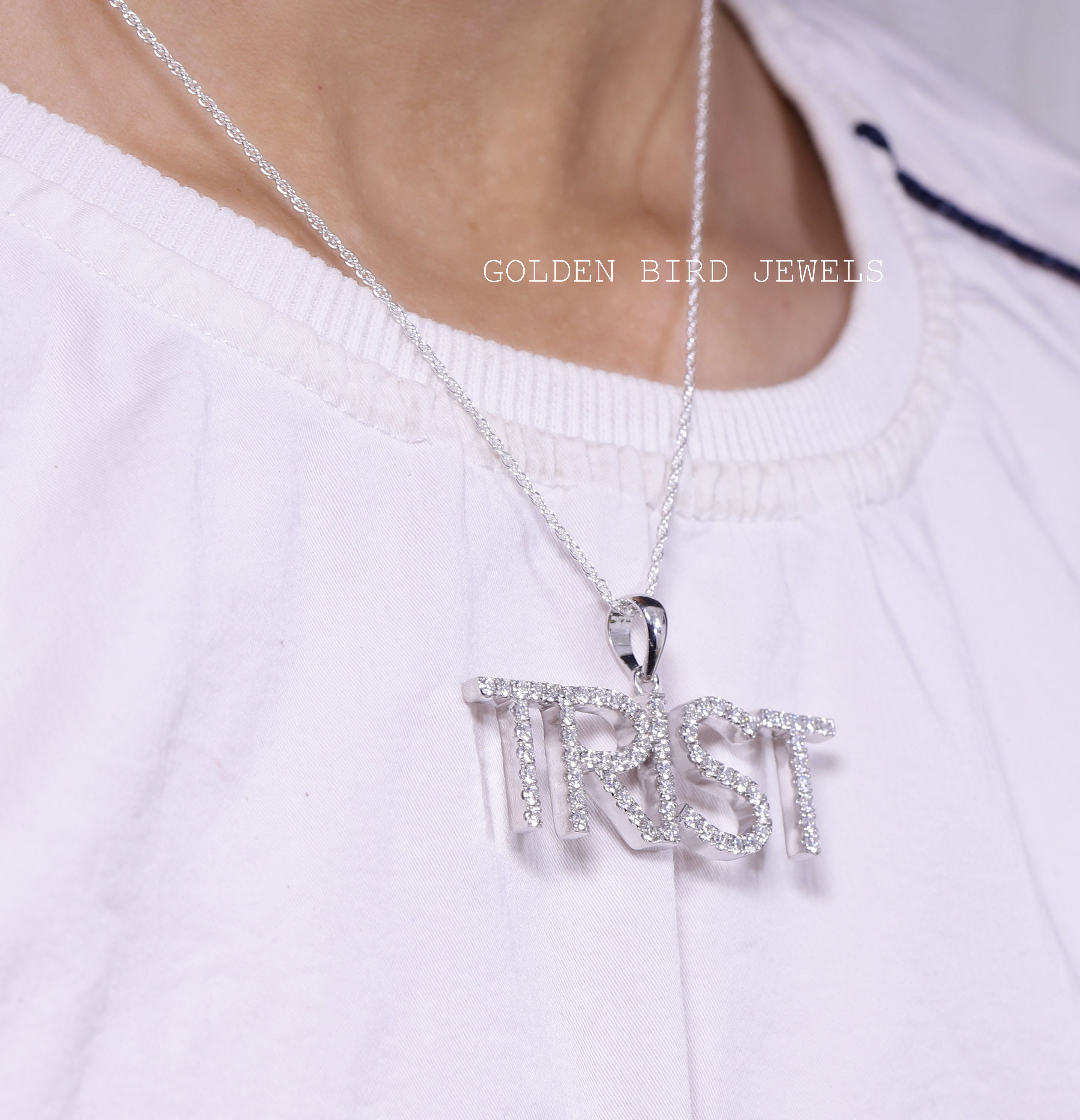 Personalized Word Pendant / Colorless Round Moissanite Pendant Etsy