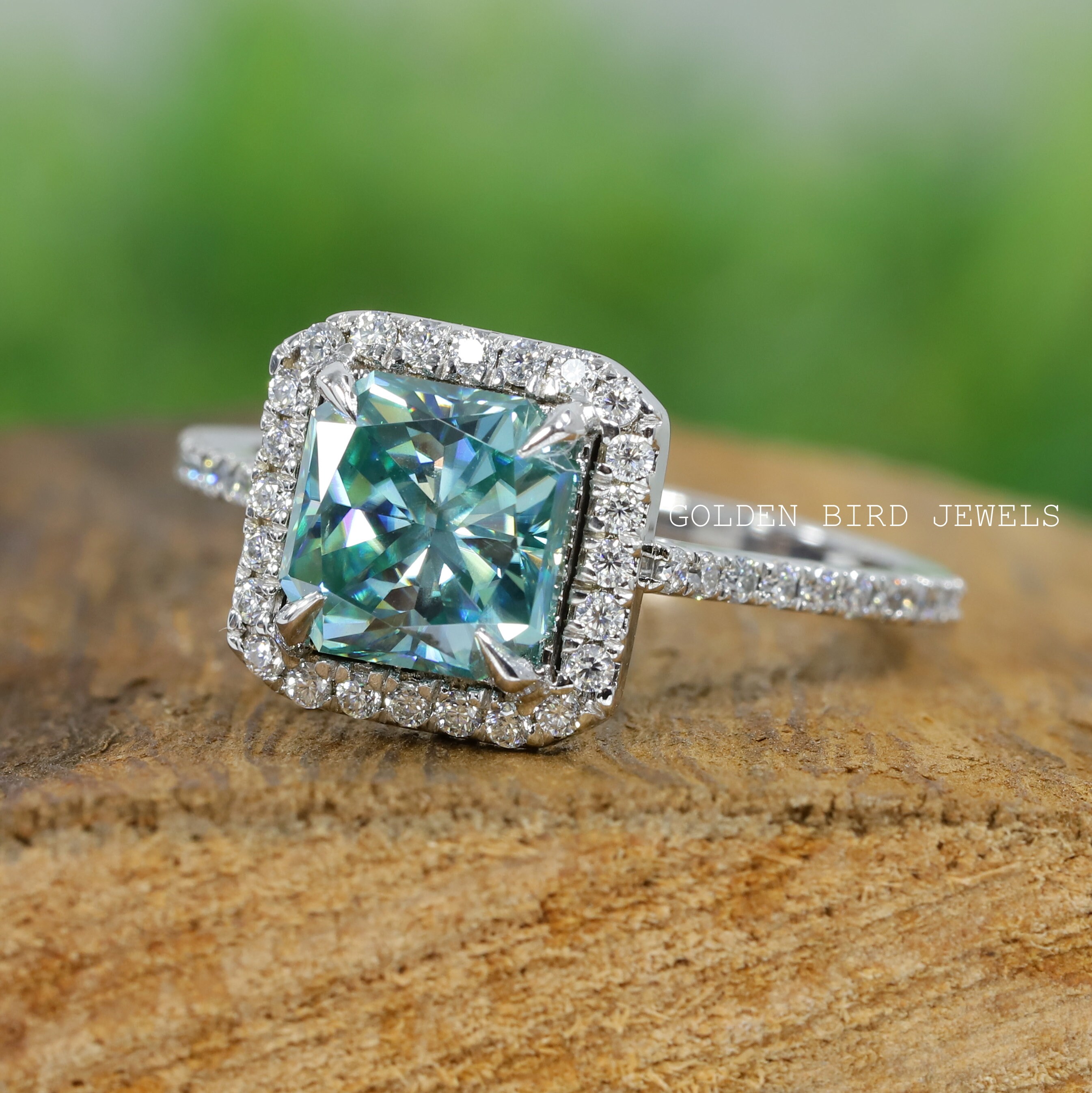 Radiant Moissanite Ring / Light Green Moissanite Halo Ring / Etsy