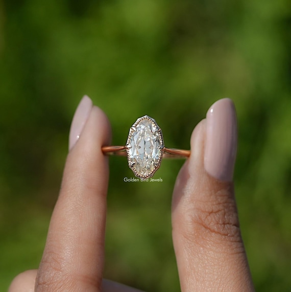 Old Mine Moval Cut Moissanite Engagement Ring/ Solitaire Moissanite Wedding Ring/ Off White Moissanite Proposal Ring/ 14K Yellow Gold Ring