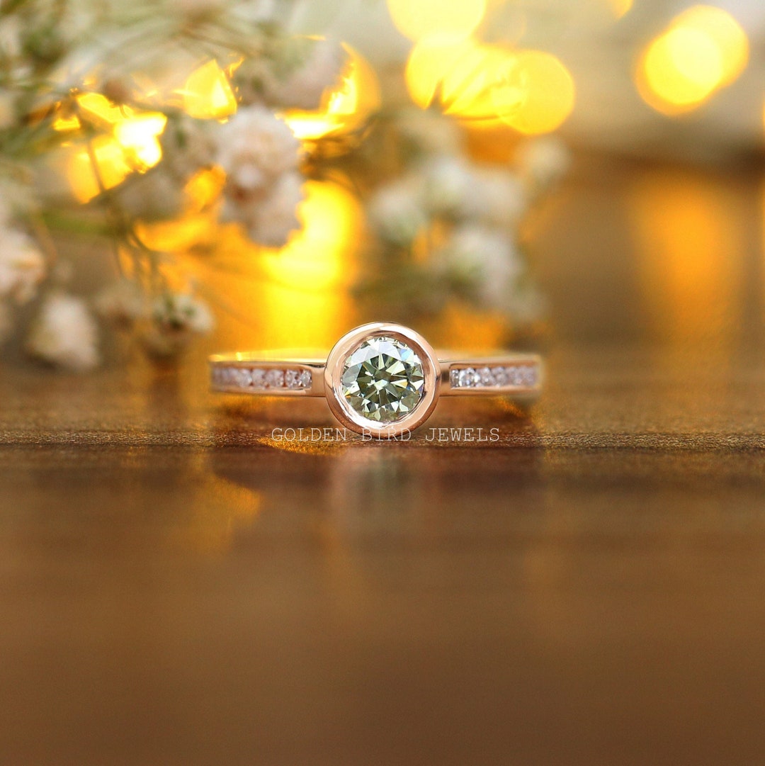 Mint Green Round Moissanite Bezel Set Dainty Ring / Rose Gold