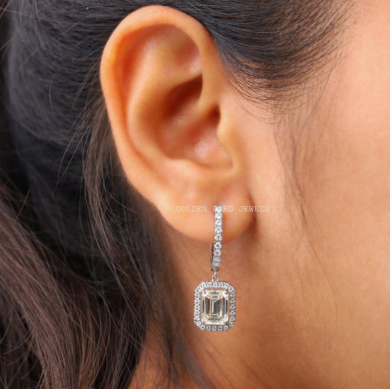 3.70 TCW Emerald Cut Moissanite Dangling Halo Earrings White
