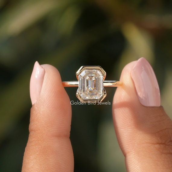 Emerald Moissanite Bridal Ring/ CT To 5CT Colorless Moissanite Wedding  Ring/ Half -Bezel Set anniversary Ring/ Solitaire Engagement Ring - Main Image