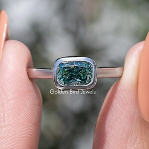 Oost-west langwerpig kussen Moissaniet verlovingsring/blauwgroene moissaniet solitaire ring/ring set trouwring voor haar/verjaardagscadeau