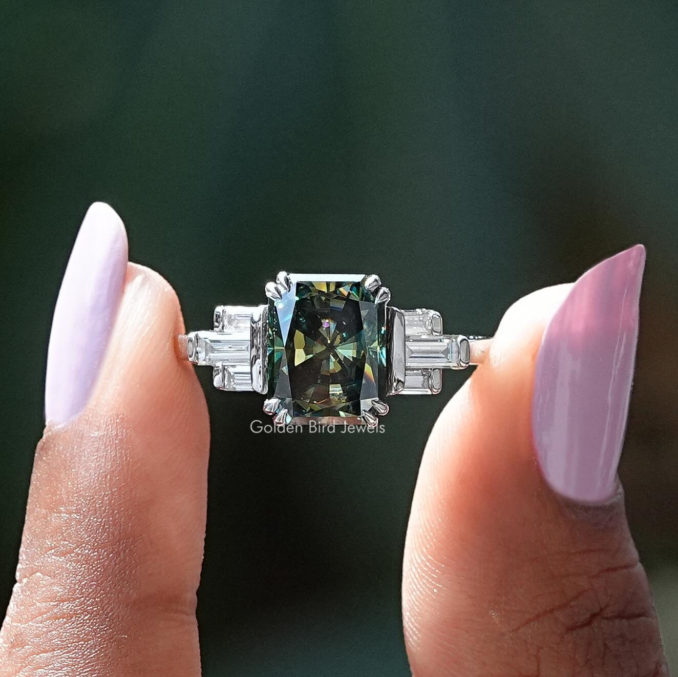 Radiant Moissanite Bridal Ring/ Green Moissanite Wedding Ring/ Accent Set Moissanite Engagement Ring/ East West Set Moissanite Proposal Ring