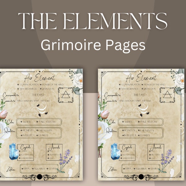 The Four Elements Grimoire Pages, Element information, DIGITAL DOWNLOAD, pdf, Journal Page, book of shadows