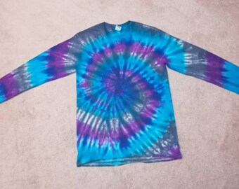 Purple, turquoise, and gray spiral tie dye shirt