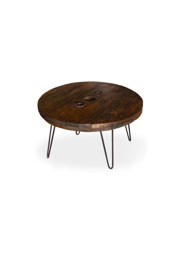 Cable Drum Reel Top Reclaimed Round Coffee Table With Dark Grey Raw Steel Hairpin Legs