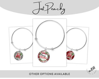 Christmas Farmhouse Retro Farm Truck Buffalo Plaid Silver Jewelry Charm Bangle Bracelet Stackable Multiple Variations Earrings Necklace