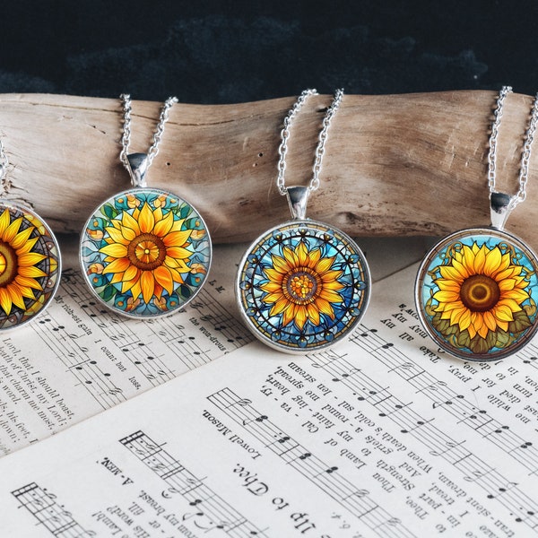 Stained Glass Sunflower Floral  Jewelry Silver Necklace Glass Pendant Standard Large Matching Bracelet Earrings Multiple Variations Retro