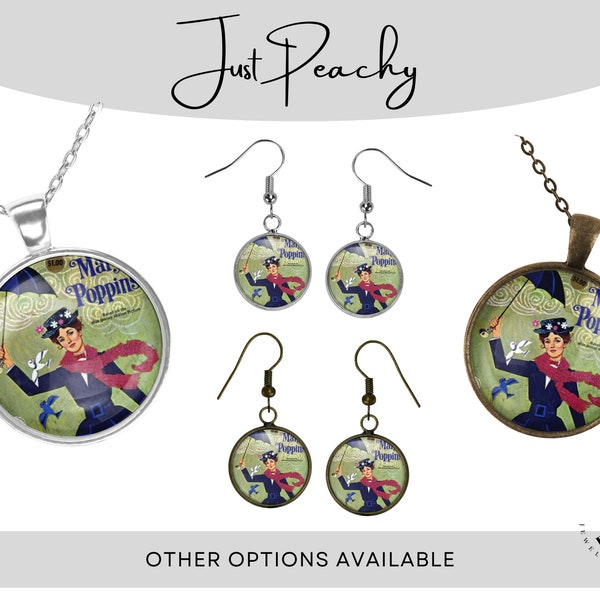 Mary Poppins Retro Vintage Disney Movie Cartoon Art Necklace Bronze Silver 20 24 Inch Matching Pieces Earrings Studs Bracelet