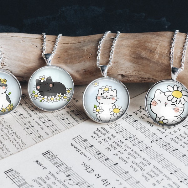Playful Kitty Cat Daisy Jewelry Silver Glass Pendant Necklace Animal Lover Pet Lover Matching  Bracelet Earrings Whimsical Fun New Gift Idea