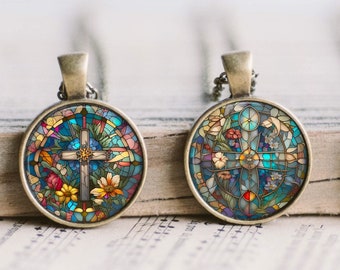 Stained Glass Cross Floral Art Bronze Jewelry Glass Pendant Necklace Large Option Dangle Earrings Multiple Variations Retro Vintage Look